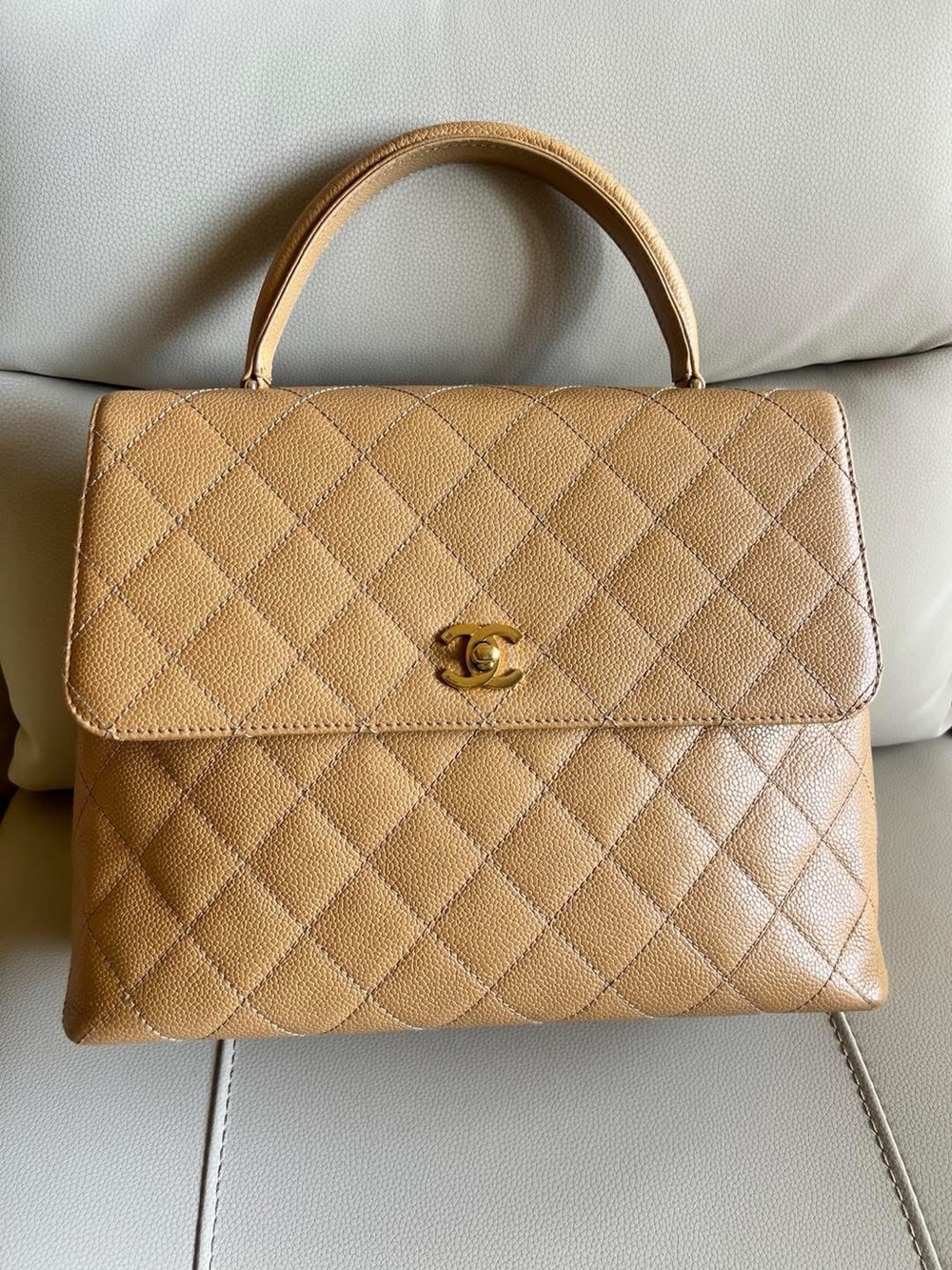 CHANEL Kelly Top Handle Bag Camel Caviar Leather